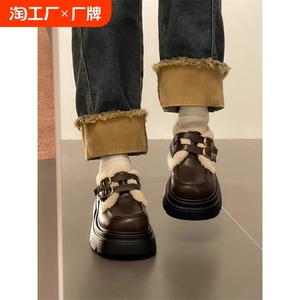 棕色小皮鞋女加绒2024冬季新款保暖毛毛鞋子女乐福鞋棉鞋雪地靴子
