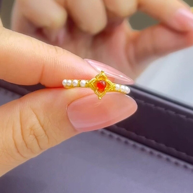 中古风石榴红锆石戒指女款简约复古高级感小众设计贵气显白食指戒