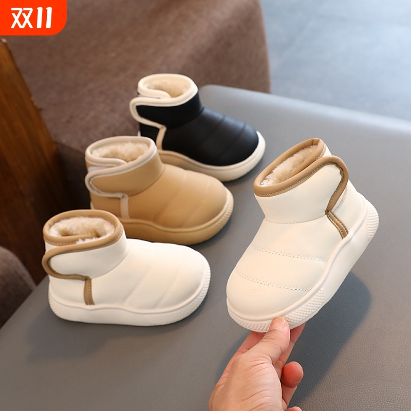 儿童鞋加绒雪地靴纯色2023新冬季男童棉鞋韩系女童学步鞋子短皮靴