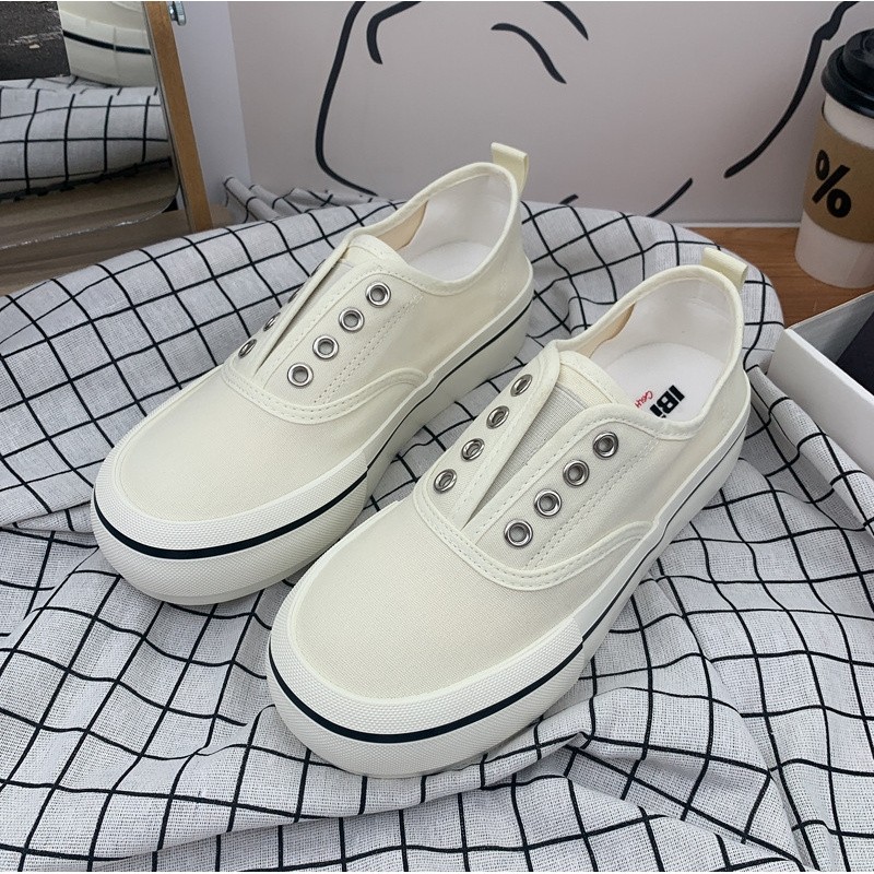 2023年芒果头糖果色懒人一脚蹬帆布鞋女港风夏季薄款厚底小白鞋