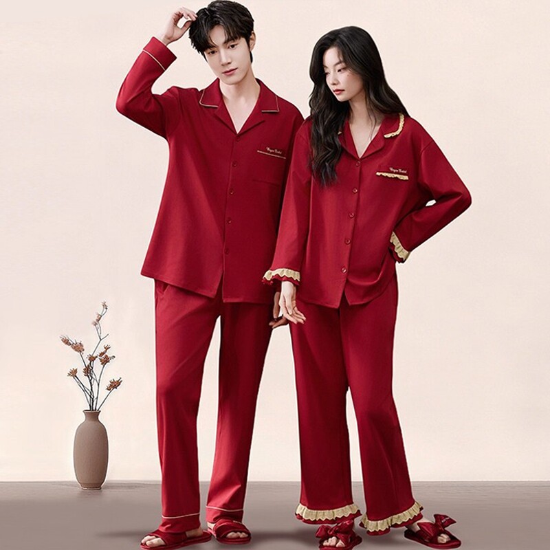 本命年睡衣结婚新婚情侣套装红色纯棉春秋季靓丽情侣装一男一女