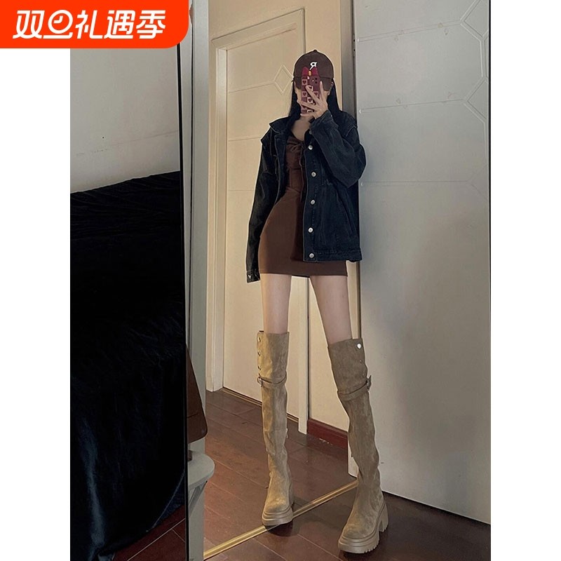 真皮~过膝长筒靴秋冬靴子女款2025年高跟长靴雪地靴杏色黑色圆头