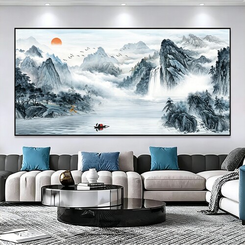 山水画贴画客厅装饰画靠山办公室背景墙贴纸自粘风景挂画壁画墙面