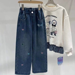 女童加绒牛仔裤秋冬季中大童女孩直筒裤儿童加厚绒裤阔腿休闲中腰