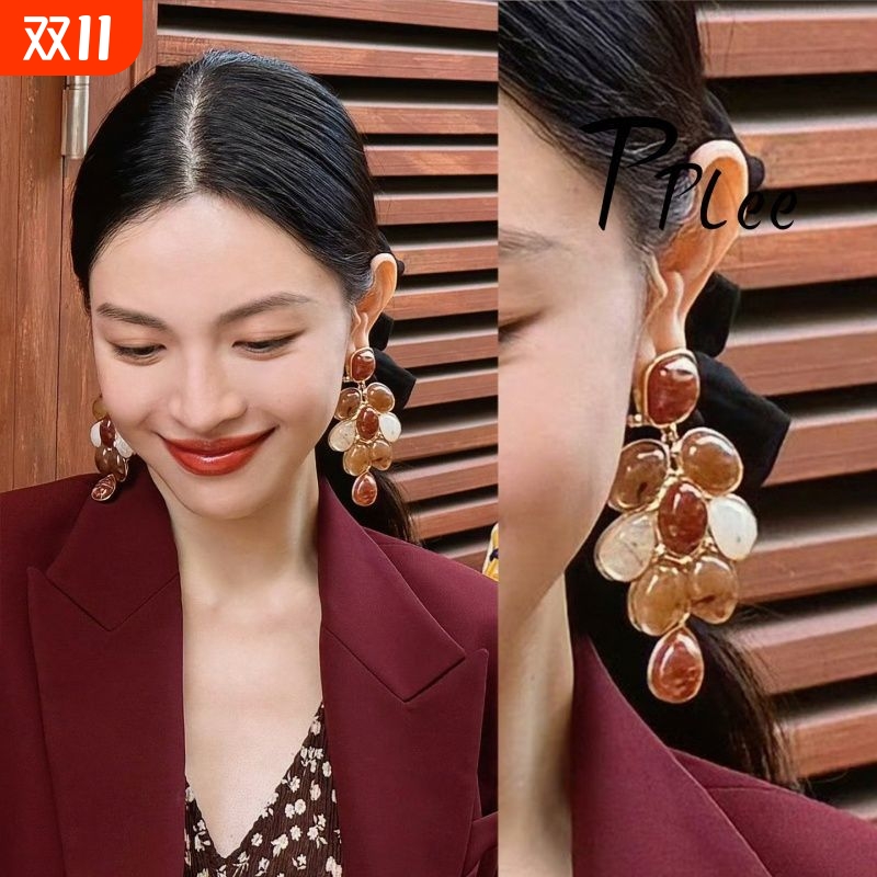钟楚曦同款红棕琥珀色树叶耳环个性独特夸张复古长款耳坠重工耳饰