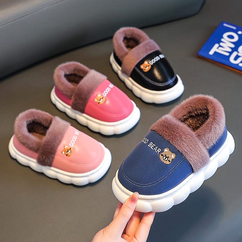 儿童包跟棉鞋冬男女童宝宝防水毛毛鞋防滑加绒大中家居鞋室内皮面
