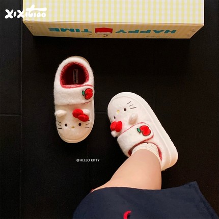 细细条 厚底女冬外穿可爱魔术贴棉鞋防滑正版HelloKitty猫面包鞋