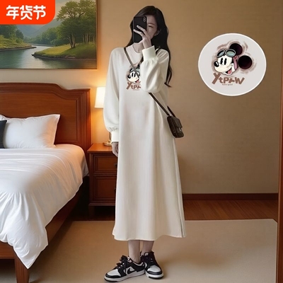 孕妇装连衣裙秋冬季侧开叉纯棉长袖T恤裙孕妇裙宽松大码遮肚子