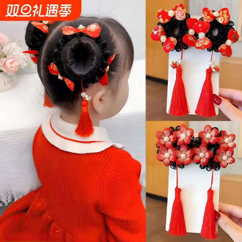 纯手工制作喜新年庆节日头饰儿童假发流苏丸子头发圈女童假发发圈