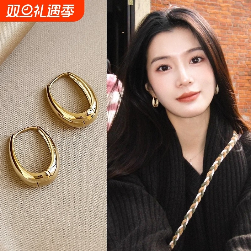 复古港风几何椭圆形耳环高级感气质耳钉女耳扣简约百搭新款潮耳圈