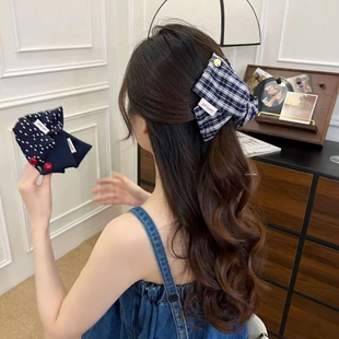 韩国牛仔红边格子大肠圈新款蝴蝶结发箍甜美鲨鱼夹三角抓夹发饰
