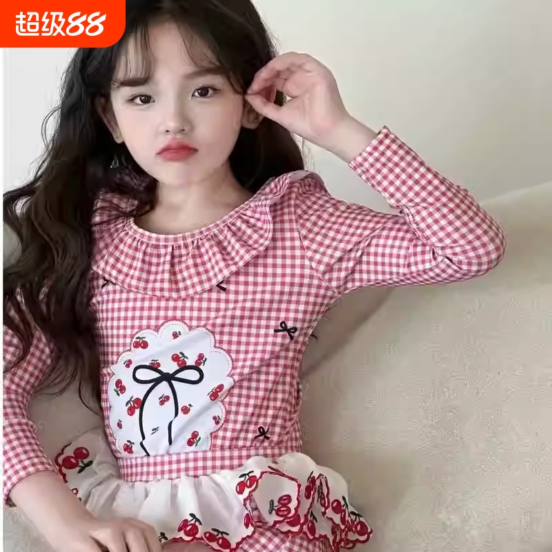 女童分体泳衣夏季2025新款儿童公主防晒小童温泉泳装红色连体樱桃