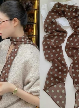 高级感波点丝巾高级棕色配饰2025新款发带细窄长条黑色白色细长