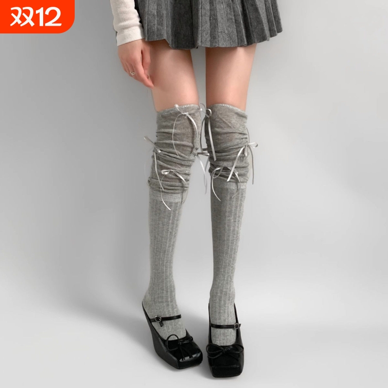 配靴子长筒袜女春秋拼接蝴蝶结灰色堆堆袜子过膝袜白色黑色高筒