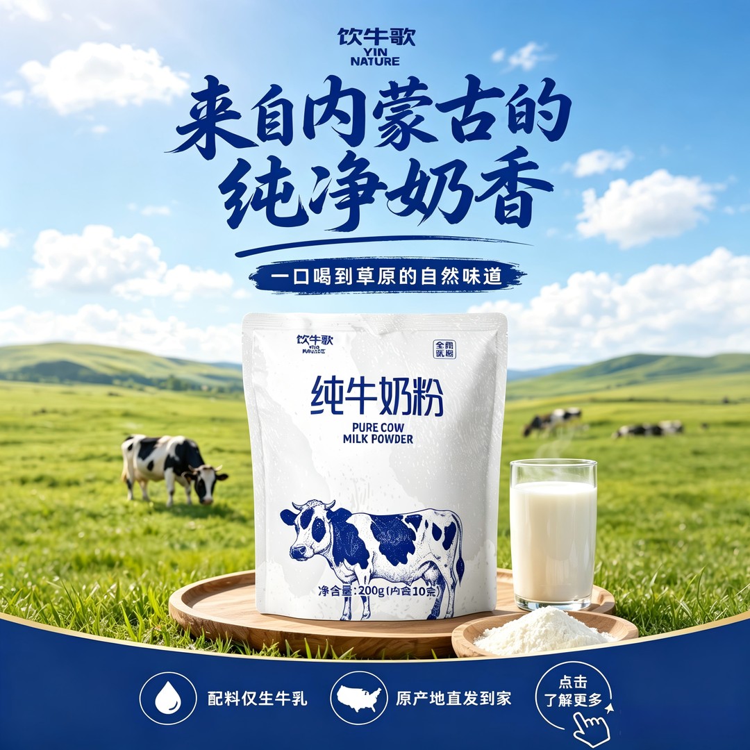 饮牛歌内蒙纯牛奶粉组合装营养25g*8袋小包装高蛋白冲泡配料表