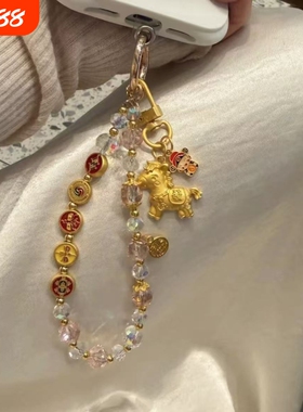 中国风合金五路财神手机挂链手工串珠挂件水晶车钥匙包包高端挂饰