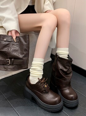 他她女孩可拆卸两穿棕色厚底马丁靴女2025冬新款短靴堆堆高跟粗跟
