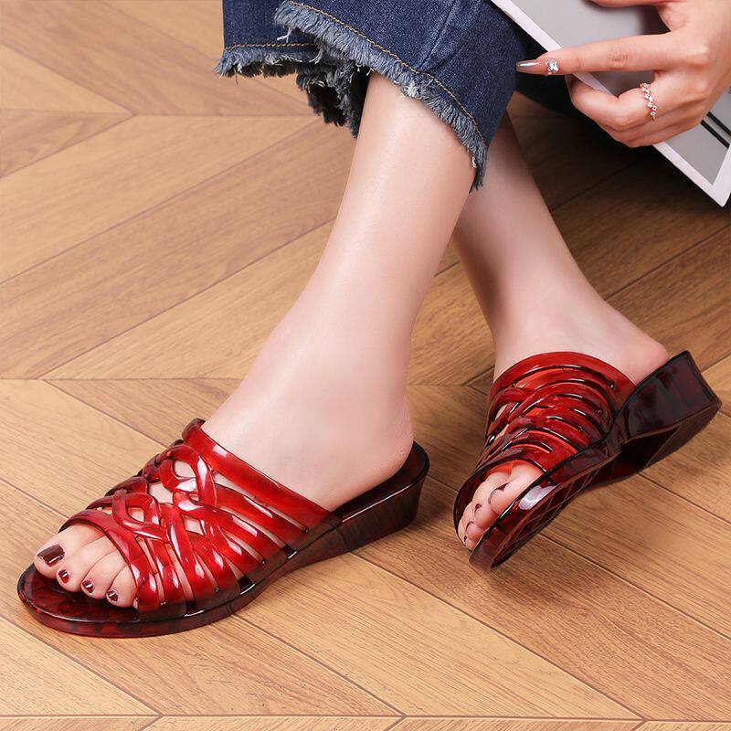 2026透明水晶果冻色女士凉拖鞋坡跟加大号塑料托浴室防滑沙滩休闲