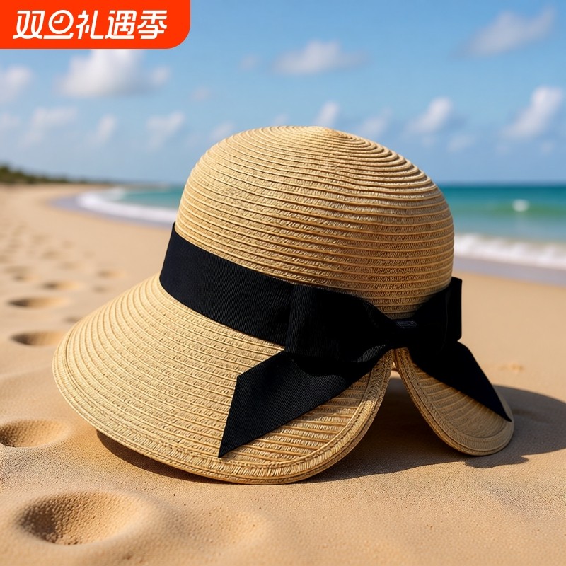 草帽海边遮阳帽子可折叠扎马尾蝴蝶结显脸小防晒太阳帽大檐帽氛围