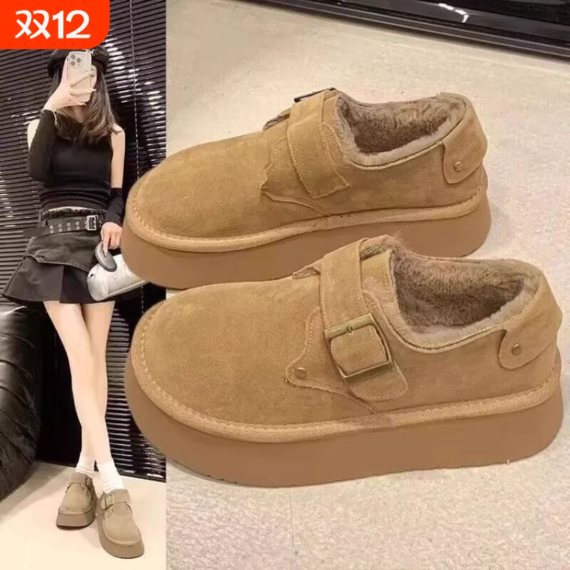 他她女孩厚底勃肯鞋加绒博肯女鞋子冬季棕色保暖一脚蹬雪地靴棉鞋