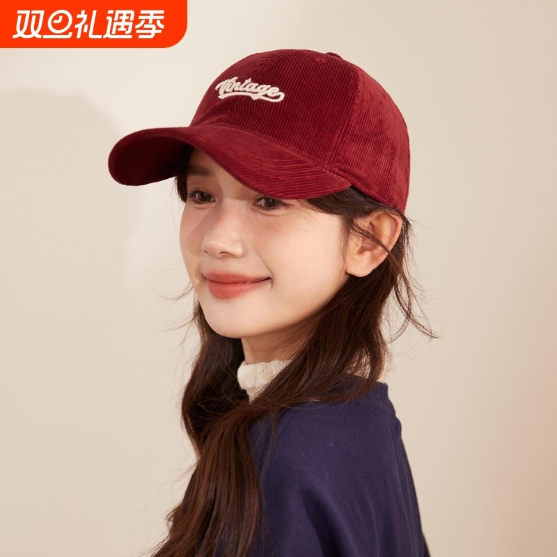 秋冬灯芯绒棒球帽女酒红色鸭舌帽显脸小帽子男橘色蓝色咖啡色紫色