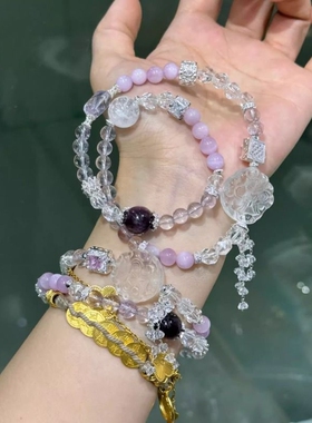 新品天然白水晶狐狸手牌散珠隔珠水晶多圈手链项链手工DIY配件