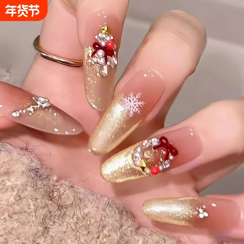 圣诞爆款穿戴甲手工轻奢高级感美甲贴片中长款杏仁烟花红色中款