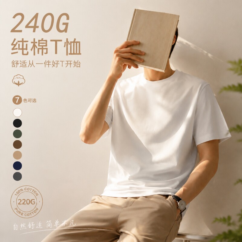 夏季潮牌重磅圆领T恤男2026休闲宽松短袖打底衫黑色纯色灰色绿色