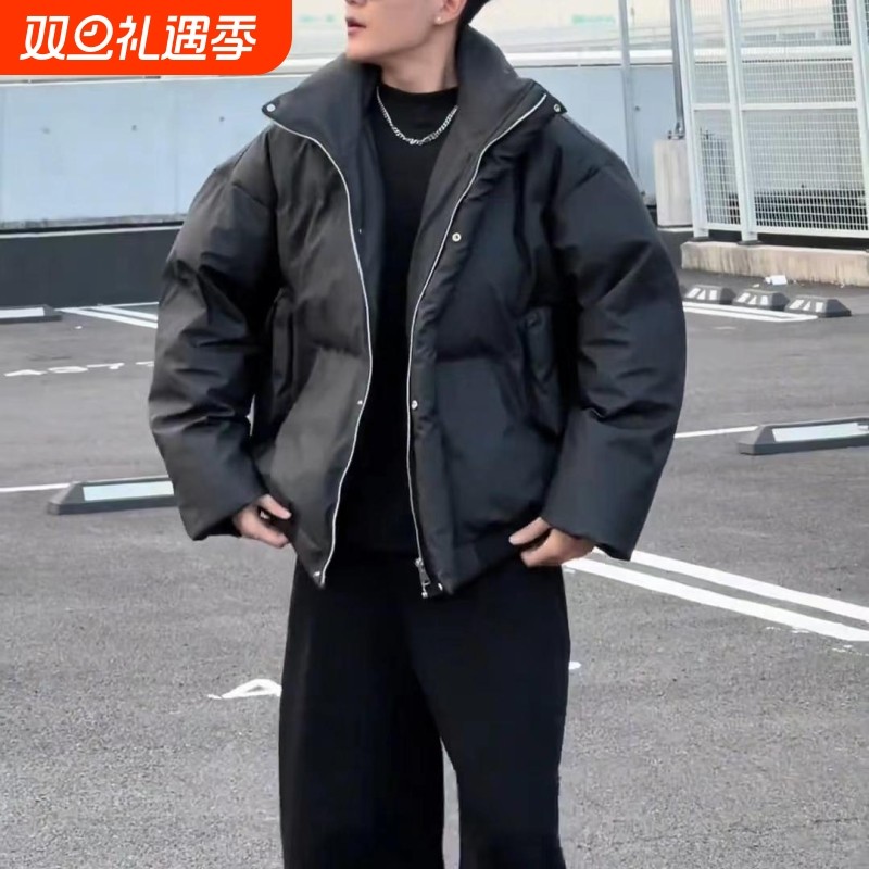 户外冬季新款宽版羽绒服短款PU皮外套男生潮流立领加厚面包服over