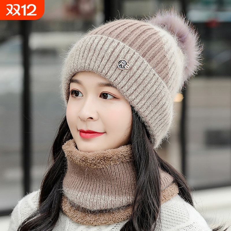 帽子女士冬天加绒骑车防寒秋冬季毛线月子帽保暖围脖护耳针织白色