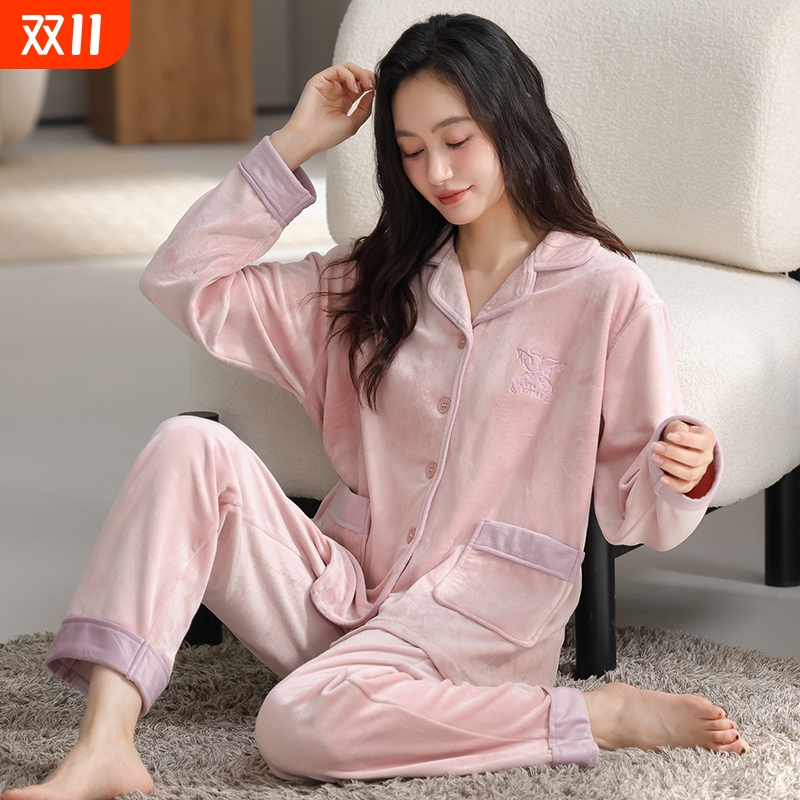 海岛绒睡衣女秋冬季加绒加厚保暖