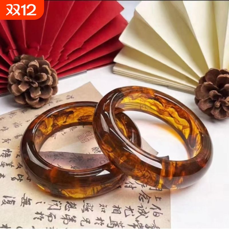精选二代金丝珀手镯加宽手镯中国风树脂灵草珀高端灵草书香圆形镯