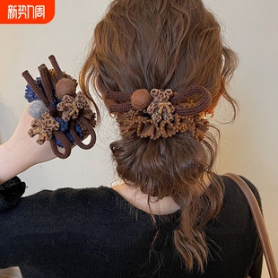 秋冬豹纹小熊发圈毛球大肠高级皮筋感低花盘马尾丸子头绳发绳秋