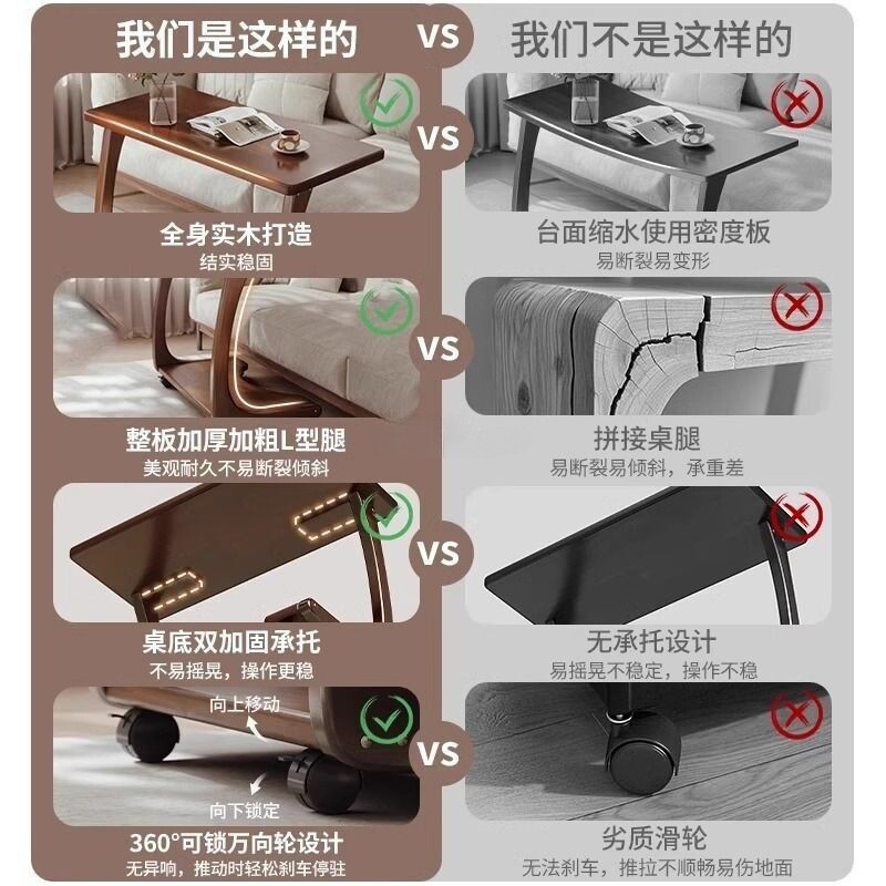 实木沙发边几可移动床头桌子带轮侧边柜家用客厅小户型C型小茶几图片