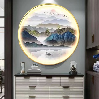 入户玄关装饰圆形led带灯挂画茶室背景墙壁画新中式山水风景油画