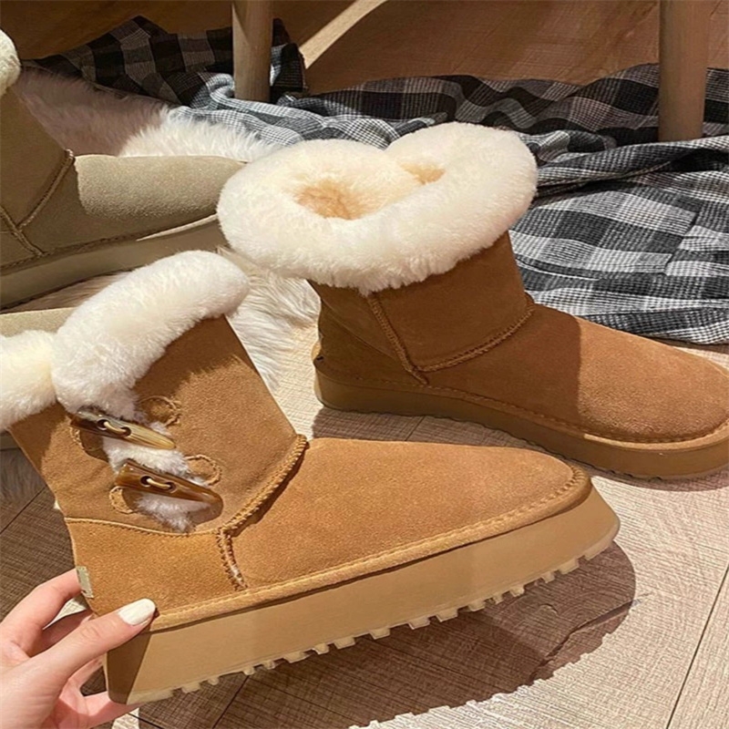 蔻孜厚底雪地靴加绒加厚增高牛角扣皮毛一体棉鞋冬季羊毛毛绒棕色
