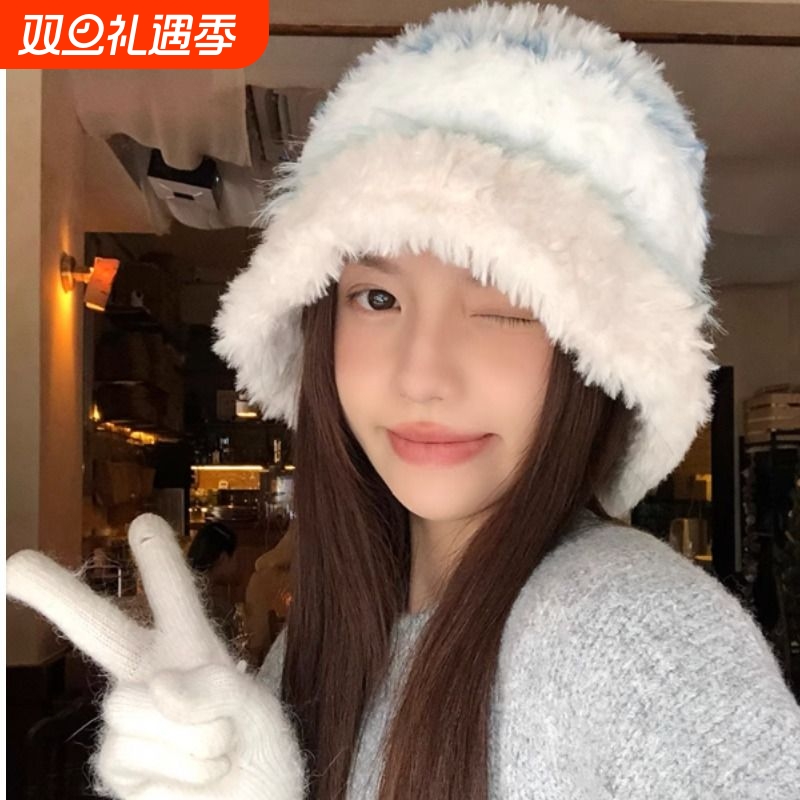 毛绒绒条纹帽子女秋冬显脸小针织帽保暖韩版可爱大头围护耳毛线帽