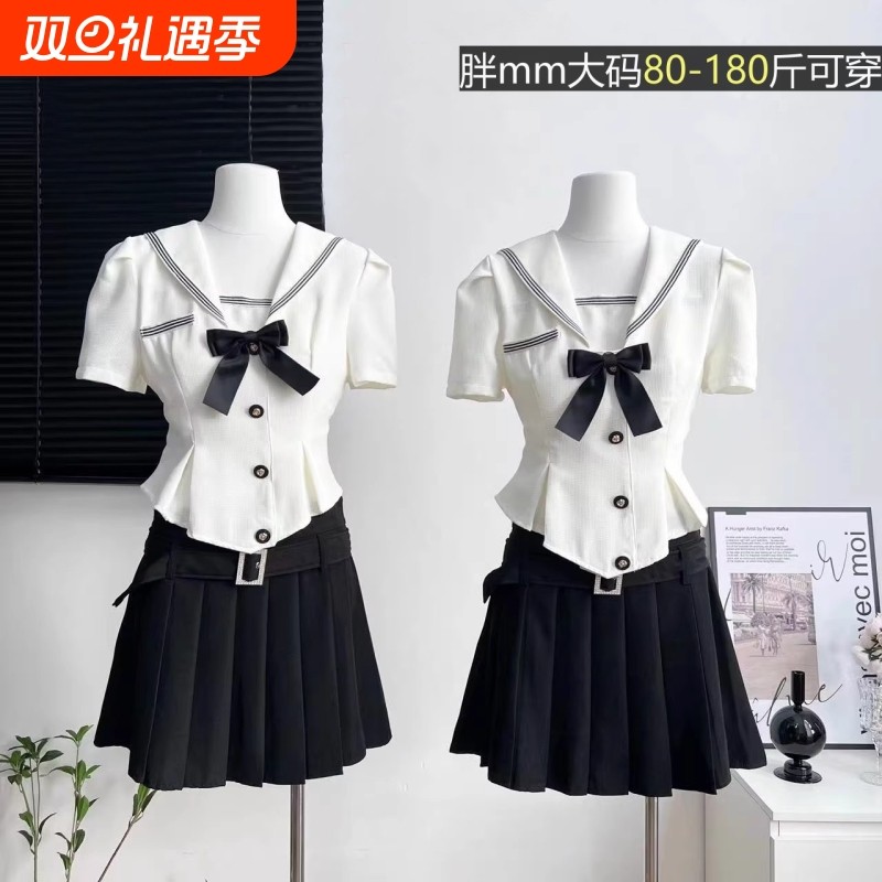 大码学院风jk制服水手服上衣夏季小个子黑色百褶裙甜辣妹两件套装