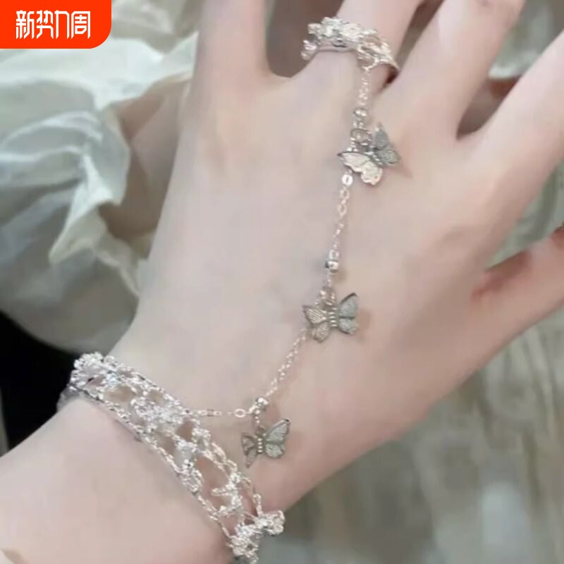 新款超仙铃铛蝴蝶手链戒指手镯中古风连体个性复古女手环指环女