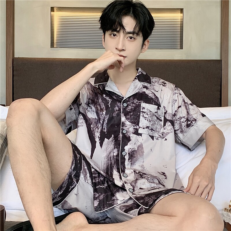 睡衣男士夏季薄款冰丝短袖短裤国风水墨大码凉感青少年家居服套装