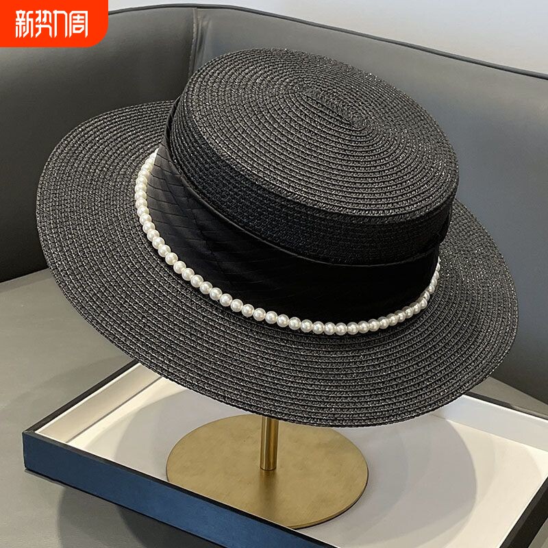 法式名媛风平顶礼帽2026新款夏季优雅珍珠草编海边防晒遮阳帽子女