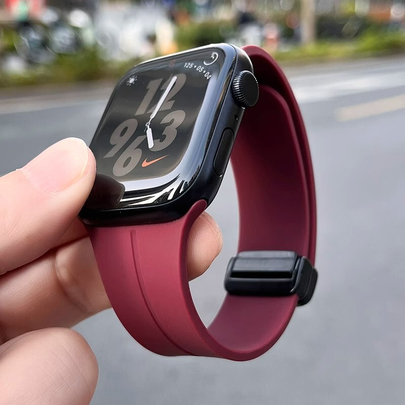 磁吸折叠扣适用iwatch11表带applewatch10S11苹果手表iwatchs9s8男款女款硅胶透气红色金属星光防水绿色图片