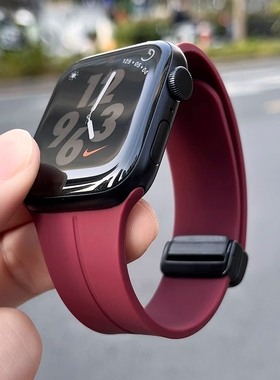 磁吸折叠扣适用iwatch11表带applewatch10S11苹果手表iwatchs9s8男款女款硅胶透气红色金属星光防水