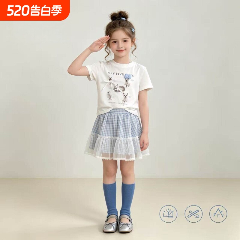 儿童夏季套装甜美可爱风女童夏季卡通印花T恤格子蓬蓬裙两件套潮