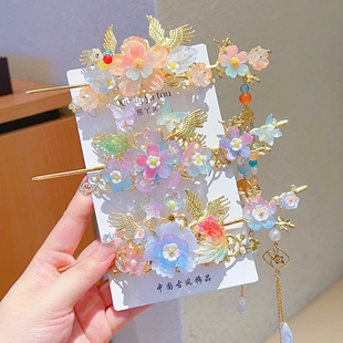 中国风儿童发饰女童汉服头饰步摇流苏发冠新中式丸子头古风配饰