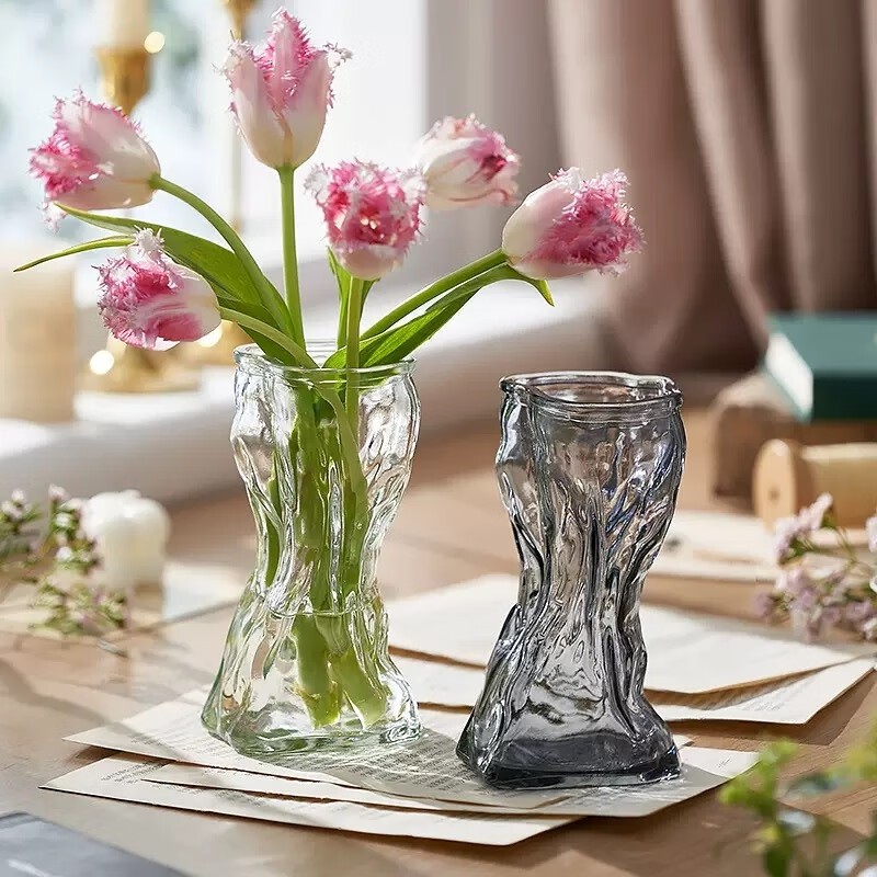 玻璃花瓶轻奢创意插花瓶歪脖客厅餐厅家居摆件台面鲜花精致透明