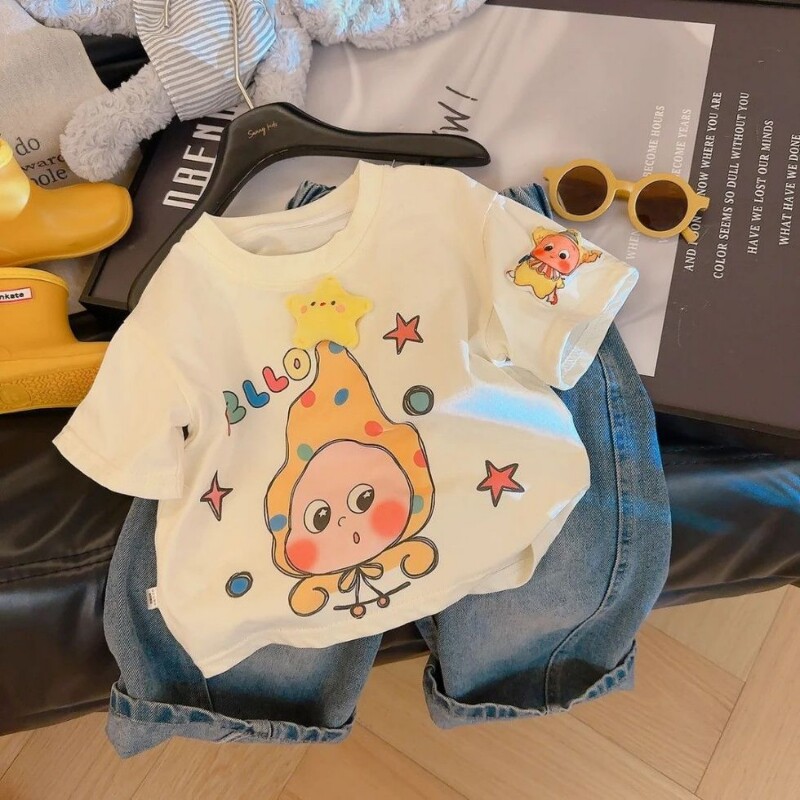 立体玩偶公仔亲子上衣纯棉短袖夏季新款宽松洋气卡通印花儿童T恤