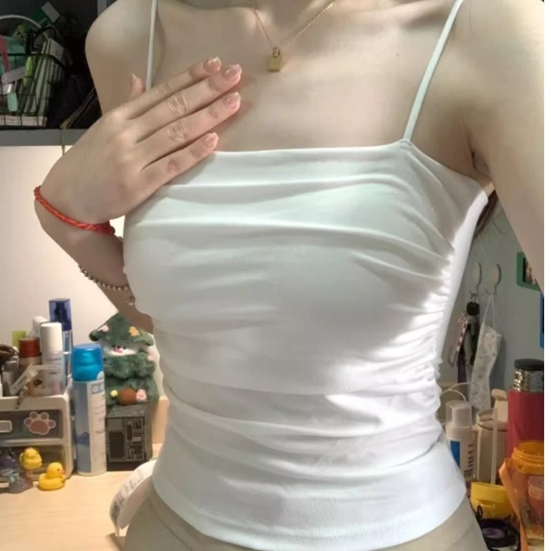 纯欲褶皱白色小吊带背心女夏薄款