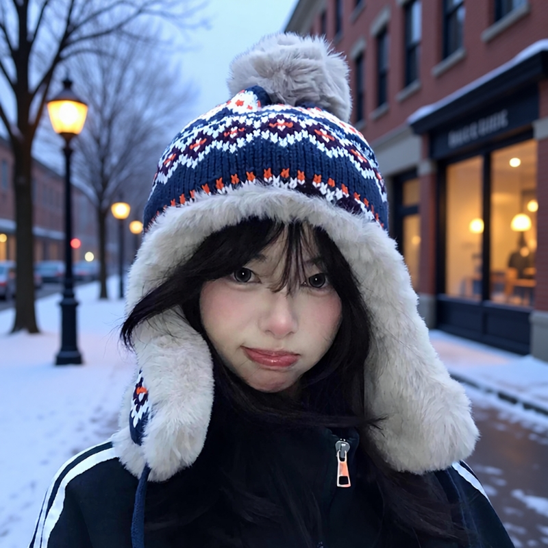 费尔岛风帽子女冬针织毛线帽保暖加绒加厚防寒护耳雷锋帽红色防风