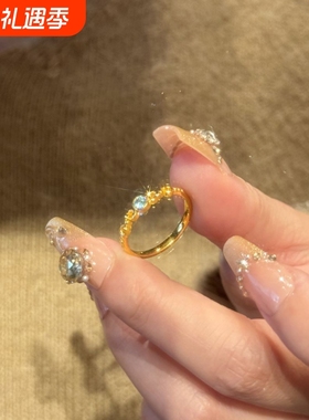 日系时尚轻奢小清新爆闪蓝色锆石戒指女小众清冷感指环开口可调节